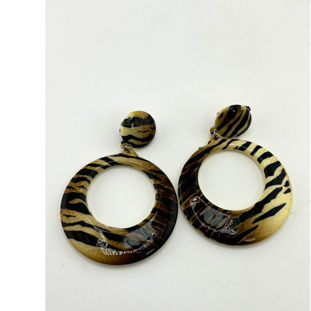 Vintage 80s Retro Zebra Stripe Circle Dangle Earrings - Black & Gold Tone